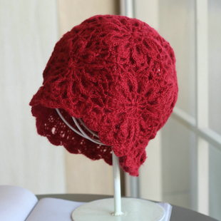 帽范 马海毛加宽版~手工钩花优雅复古包头帽秋冬双层保暖毛线帽女