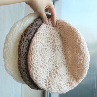 帽范 双层马海毛镂空钩花贝雷帽气质优雅女士保暖秋冬手钩画家帽
