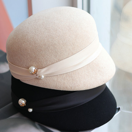 帽范 珍珠扣缎带~优雅小香风气质羊毛毡帽复古时髦名媛秋冬马术帽