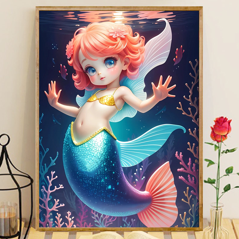 q版小美人鱼2023新款钻石画满钻卡通动漫可爱儿童贴钻十字绣卧室