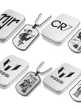 跨境速卖通欧美钛钢项链 梅西C罗内马尔足球球星不锈钢吊牌铁盒装