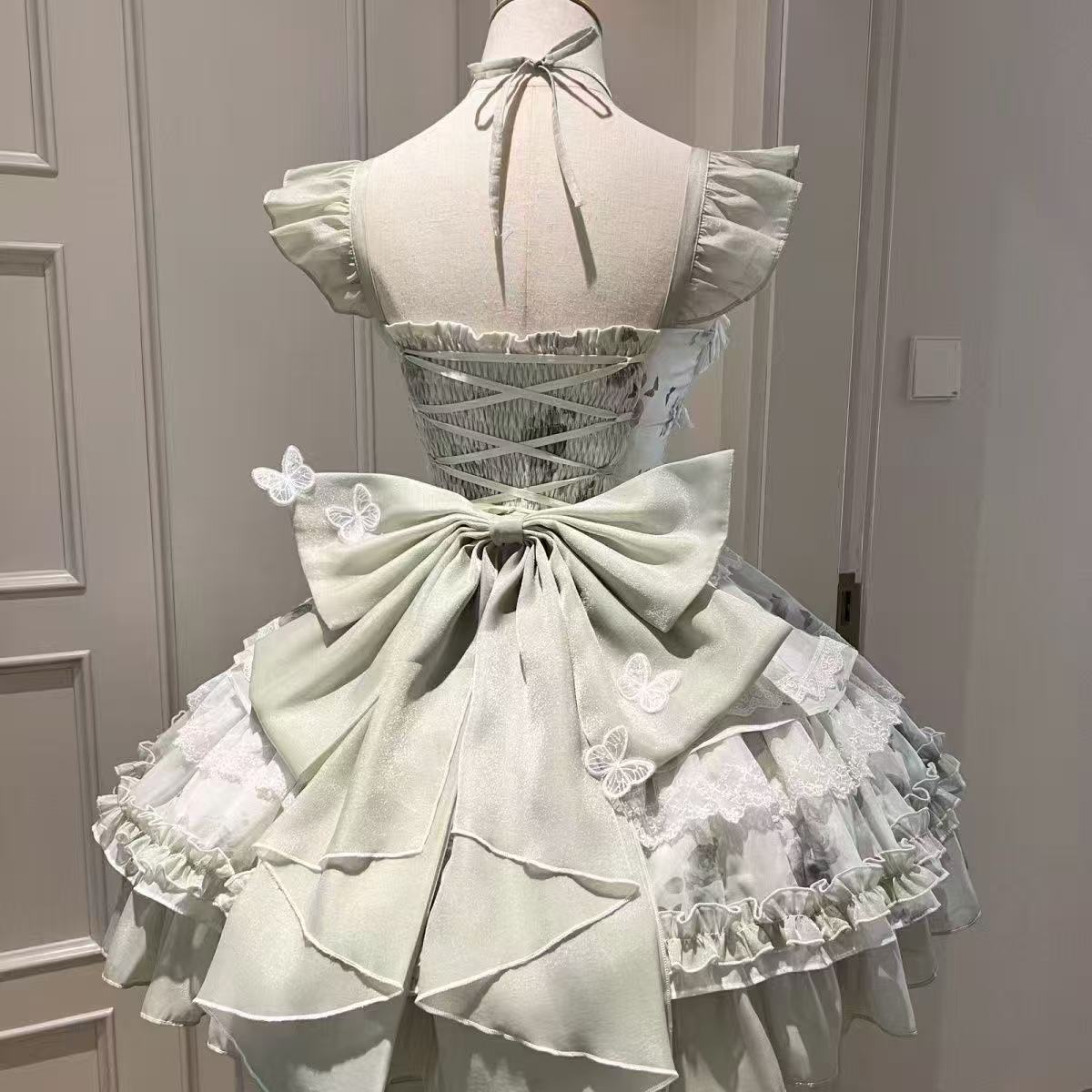 花期之约白绿蝴蝶夏日感超仙礼服下夏季公主少女生日短裙Lolita