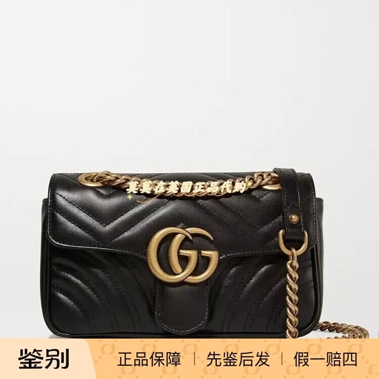 英国代购Gucci古驰 9折时尚百搭 GG Marmont 黑色绗缝皮革单肩包