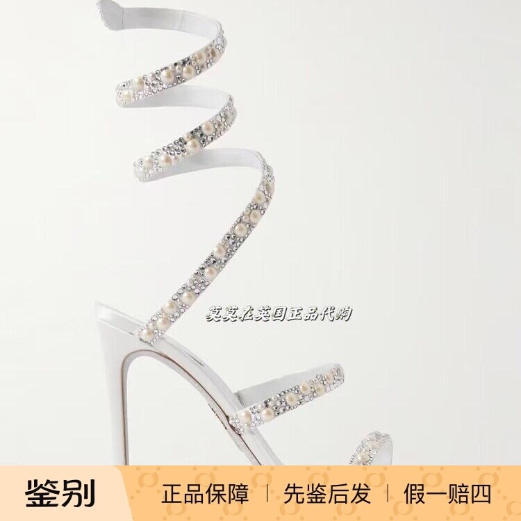 英国代购RENE CAOVILLA 9折新款 Chandelier缀饰缎布缠绕高跟凉鞋