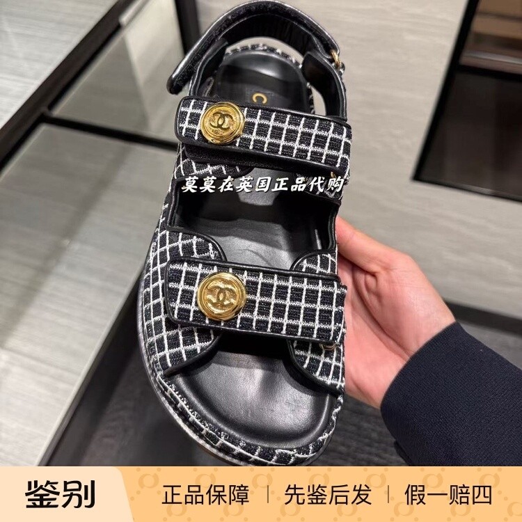 英国代购Chanel香奈儿 时尚气质 格子花呢金色搭扣 魔术贴凉鞋