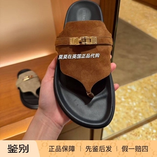 英国代购Hermes爱马仕 女士时尚气质 Kelly搭扣纯色麂皮夹趾拖鞋