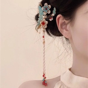 YFEIFEIE新中式古典烧蓝流苏步摇头饰女汉服马面裙侧边夹旗袍发饰