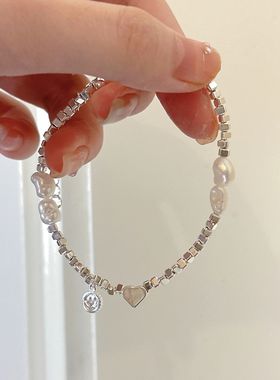 不规则碎银子小爱心珍珠手链女