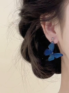 YFEIFEIE新中式蓝色蝴蝶耳钉小众设计感气质独特耳环2025新款耳饰