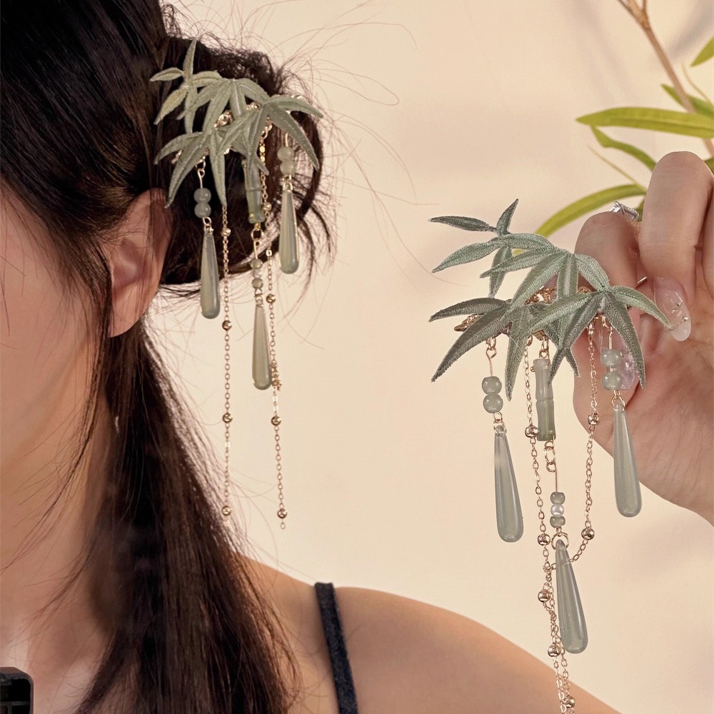 新中式古风汉服绿色串珠流苏发夹