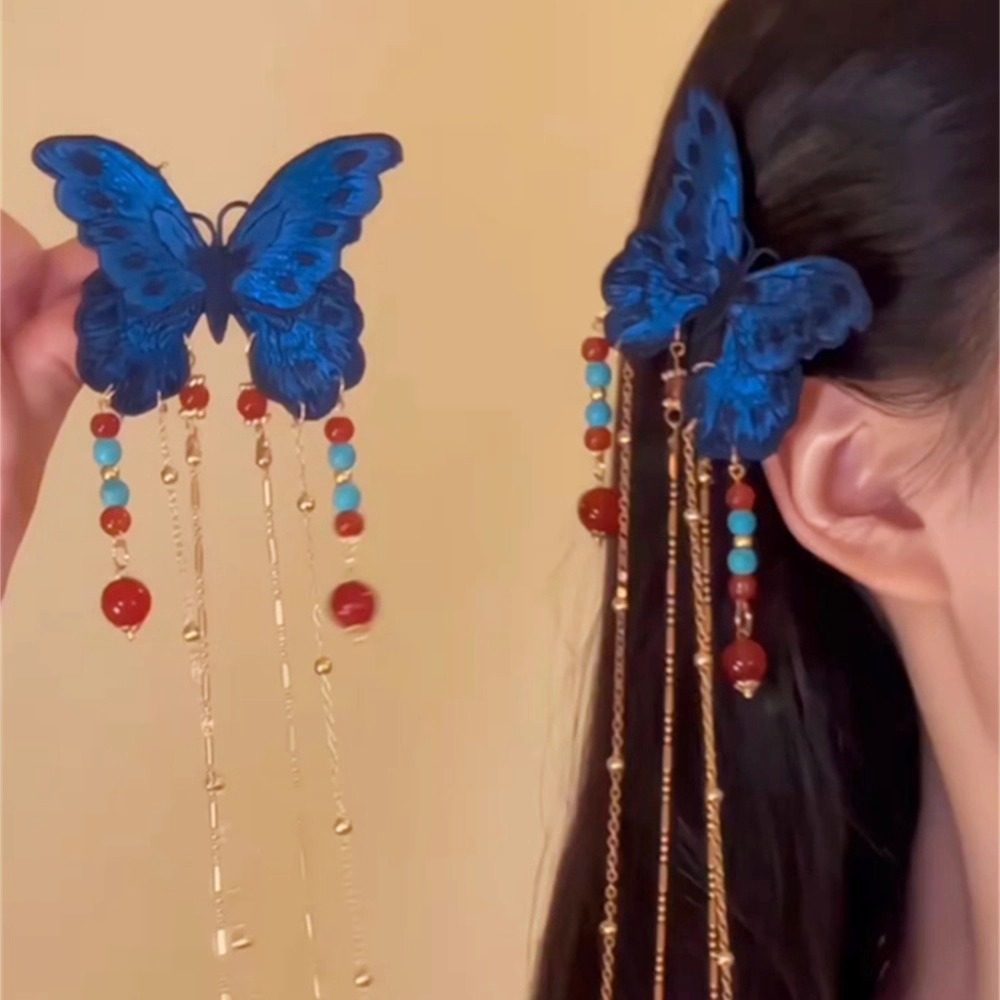 YFEIFEIE新中式民族风古风精致蓝色蝴蝶发夹女长款流苏气质发饰潮,饰品/流行首饰/时尚饰品新,发饰,淘宝优惠券,粉丝福利购,淘宝优惠卷