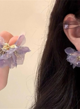 YFEIFEIE新中式紫色欧根纱花瓣耳钉女超仙度假花朵耳环设计感耳饰