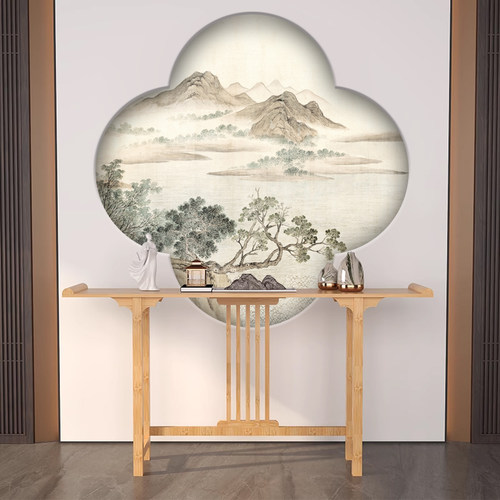 新中式圆形装饰画入户玄关走廊山水画壁画梅花型形状画芯墙纸壁纸