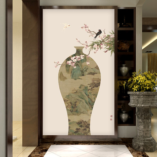 山水入户玄关装饰画新中式走廊正对门壁纸花鸟茶室楼梯间竖版壁画