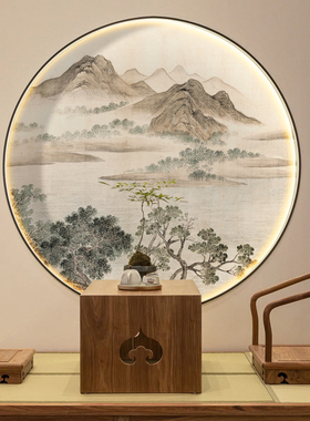 山水新中式禅意玄关装饰画背景墙壁纸3d国画茶室壁画圆形客厅餐厅