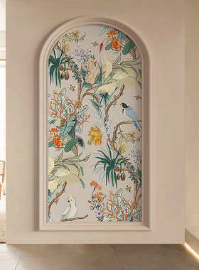 喜上眉梢新中式花鸟画客厅玄关墙布装饰画拱形走廊过道背景墙壁纸