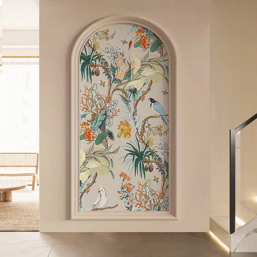 喜上眉梢新中式花鸟画客厅玄关墙布装饰画拱形走廊过道背景墙壁纸
