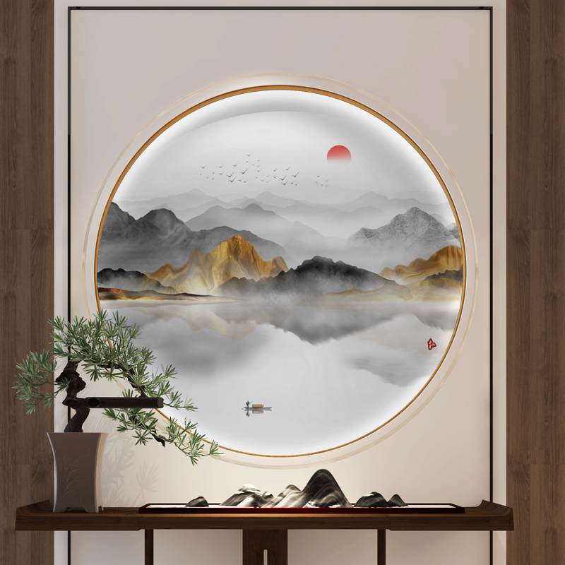 意境山水圆形玄关装饰画新中式客厅餐厅走廊书房壁画背景墙壁纸3d