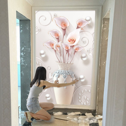 欧式玄关壁画壁纸现代简约3d立体走廊过道竖版8d装饰画背景墙墙纸