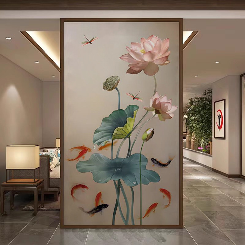 荷花九鱼图入户玄关背景墙壁画竖版新中式客厅轻奢高级感墙纸壁布