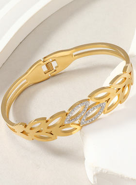 欧美风镂空麦穗镶钻钛钢手镯