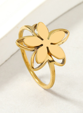 跨境钛钢镂空双层花朵戒指