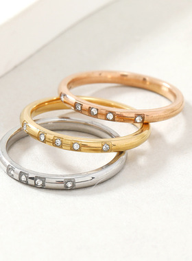 跨境钛钢镶钻情侣戒指三件套