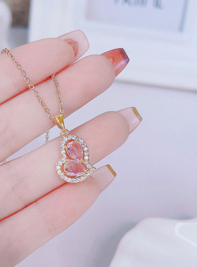 金色爱心项链女微镶心形粉锆