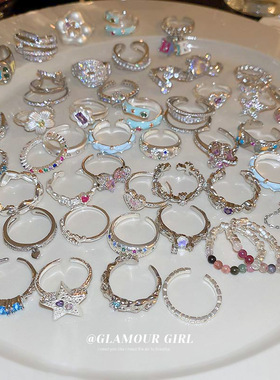 彩色镶钻爱心花朵开口戒指 韩国ins小众个性食指戒法式轻奢指环女