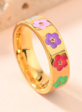 欧美钛钢彩色油滴花朵爱心戒指
