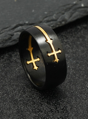 欧美跨境黑金十字架钛钢戒指