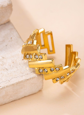 跨境新款不锈钢镶钻几何开口戒指