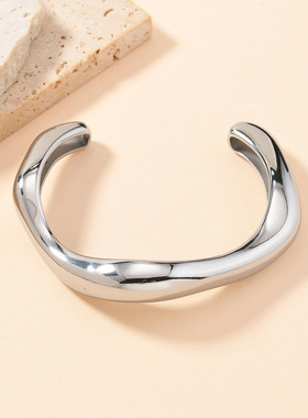 欧美跨境不锈钢波浪光面开口手镯