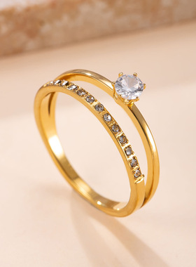 韩版钛钢情侣双层镂空镶钻戒指