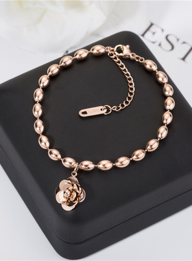 玫瑰金山茶花佛珠手链