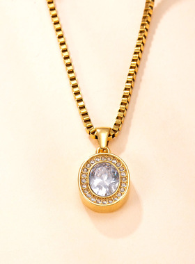 单吊坠复古镶钻椭圆项链