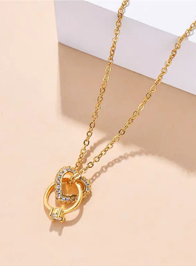 欧美钛钢玫瑰金双环锁骨链