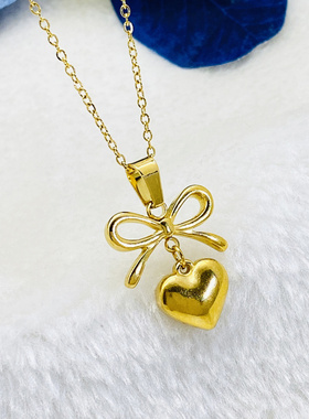 新款不锈钢蝴蝶结爱心项链