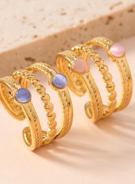 欧美宫廷风三线宝石可调钛钢戒指