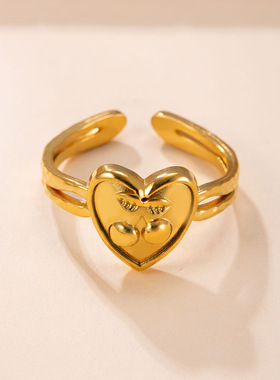 跨境专供爱心樱桃叠戴钛钢戒指