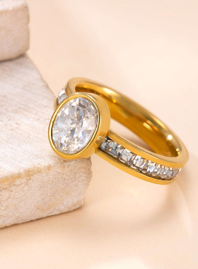 跨境新款镀18K金镶钻钛钢指环