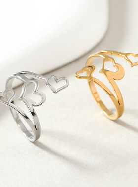 欧美跨境钛钢爱心镂空戒指