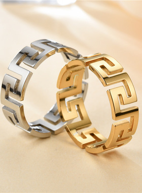 外贸钛钢长城纹镂空戒指