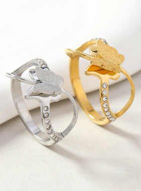 欧美轻奢钛钢双层蝴蝶戒指