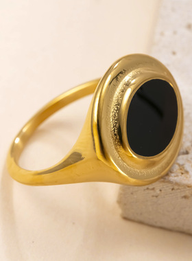 跨境新款不锈钢滴黑油椭圆钛钢戒