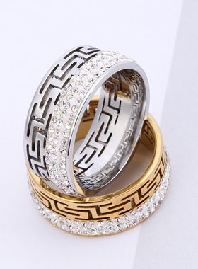 跨境钛钢长城纹镶钻情侣戒指