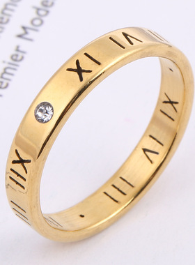 罗马数字钛钢镶钻情侣戒指