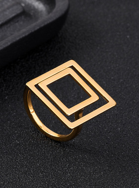 跨境钛钢方形几何戒指