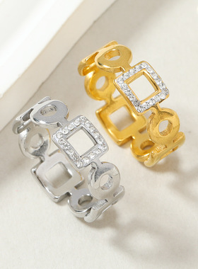 跨境轻奢镂空镶钻钛钢戒指