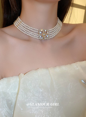 镶钻花朵珍珠多层项链欧美时尚夸张个性颈链设计感网红轻奢项饰女